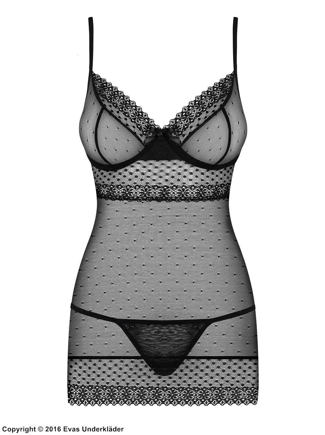 Skin-tight chemise, see-through mesh, lace edge, small dots